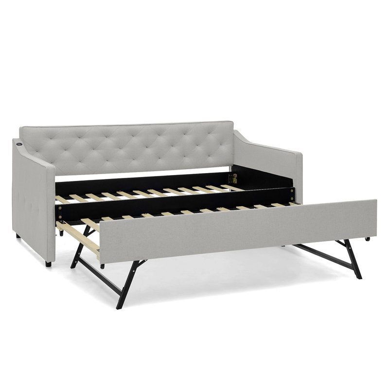 Twin Size Upholstery Daybed With Twin Size Pop-Up Trundle And USB Charging Design, Beige Linen