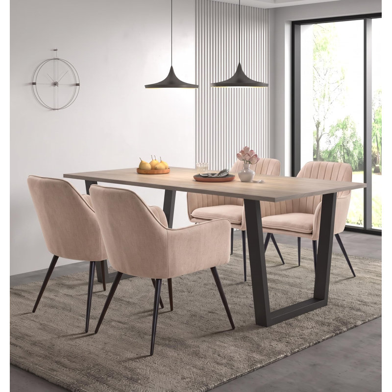 80cm Rectangular Dining Set with Upholstered Chairs, 7 Pieces: Table, 6 Chairs, 77cm H x 180cm W x 80cm D, Cream