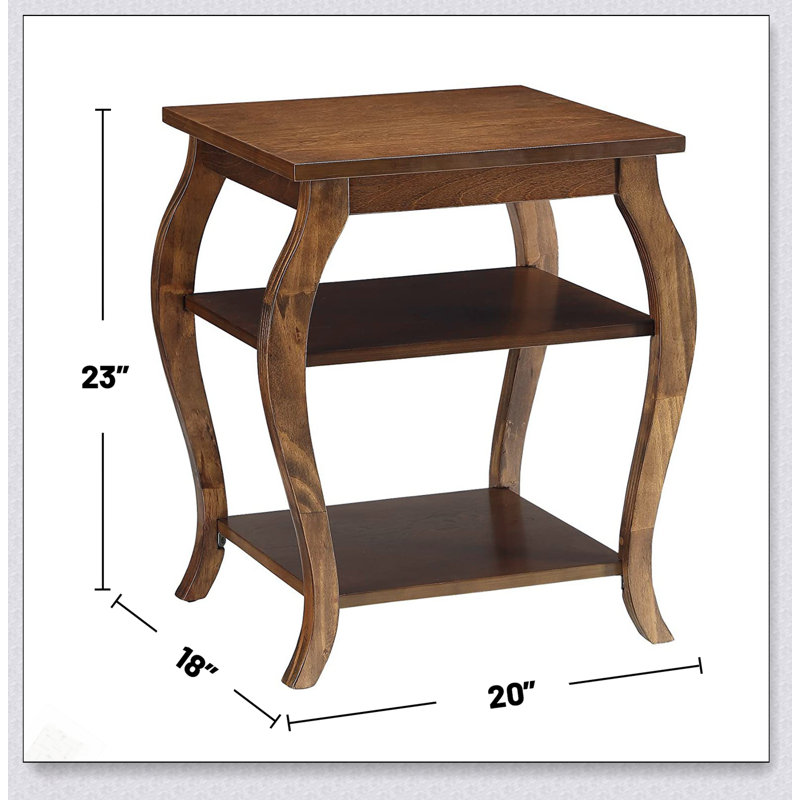 Table de bout carrée avec 2 tablettes, finition noyer et pieds en cabriole pour une élégance et un rangement modernes