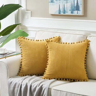 Paquet de 2 housses de coussin décoratives moutarde jaune d'automne 20 x 20 pouces avec pompons pour le salon, la chambre à coucher, la housse de coussin carrée en velours côtelé 50 x 50 cm, Boho Home Decor