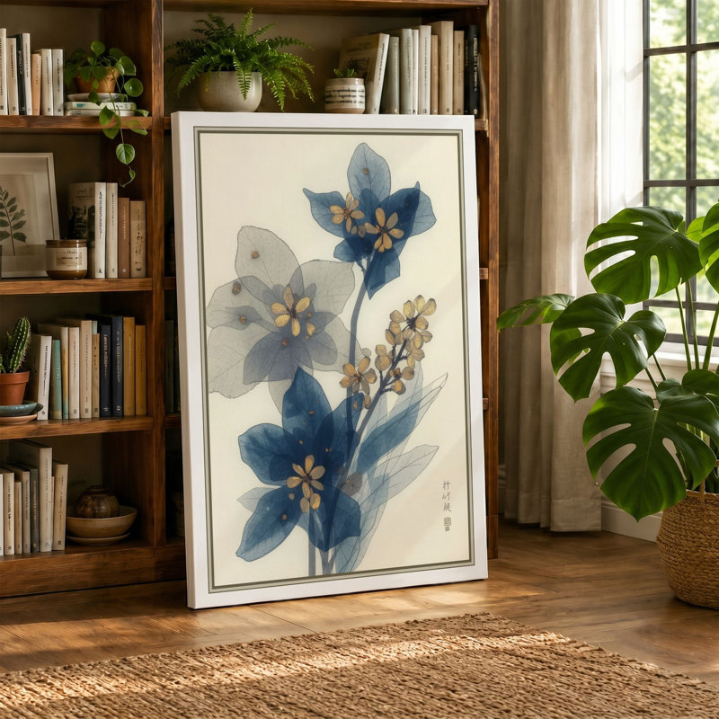 Delicate Blue Blossoms Japandi - Wrapped Canvas, 24x16 - 61.0 x 40.6 cm, Taupe Border