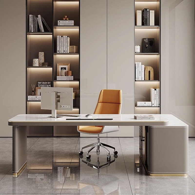 Bureau de direction gris en L en pierre frittée avec tiroirs, H 29,53 po x l 55,12 po x P 55,12 po, Retour à gauche