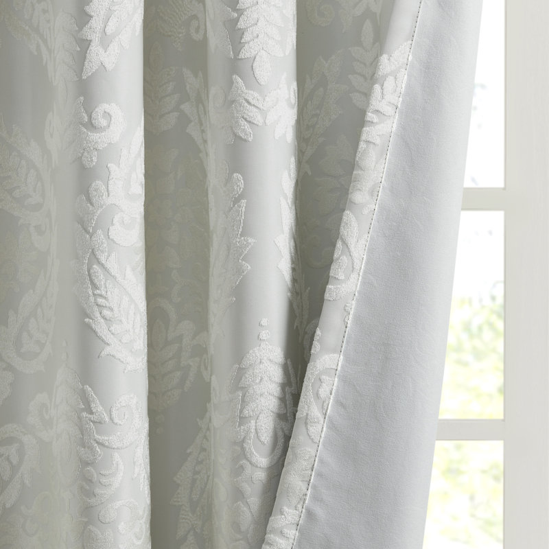 Amelia White Knitted Jacquard Paisley Total Blackout Grommet Top Single 50x108" Curtain Panel, White, 50" W x 108" L