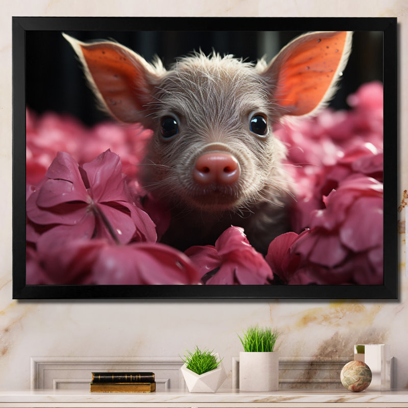Pink Curious Pig I - Animals Canvas Wall Art, H 34 po x l 44 po x P 1,5 po, Cadre photo noir