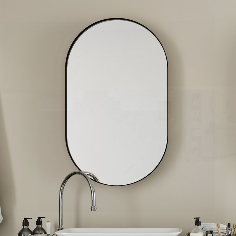Armoire à pharmacie ovale encastrée avec tablettes réglables, cadre en métal et miroir pour le rangement de la salle de bain, finition noir mat