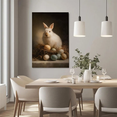 2D Flat, 1Pc Framed Canvas Wall Art, Easter Bunny, Colored Eggs and Hay Nest, Classical Realism Style Art Print Canvas Poster Painting Room Wall Decor, Ideal Gift For Bedroom Living Room Hallway Dorm, Ready To Hang