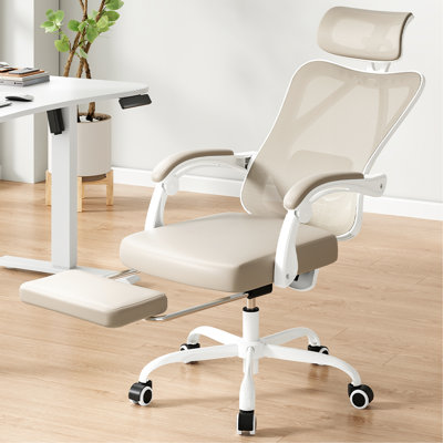 Fauteuil de bureau ergonomique confortable avec filet, support lombaire réglable, repose-pieds pour installation à domicile, ordinateur lombaire à dossier haut en tissu blanc et kaki, et siège