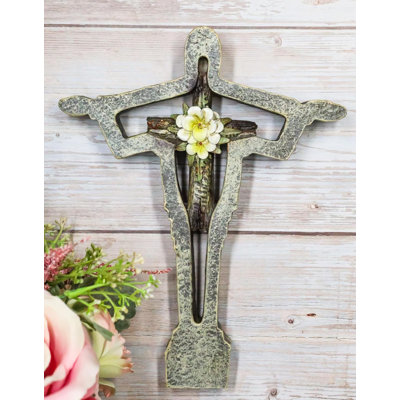 Jésus-Christ le Rédempteur avec croix murale en faux bois avec fleur blanche