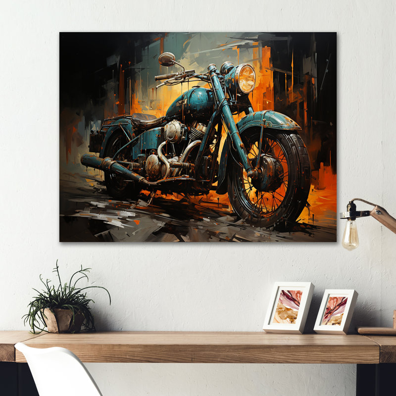 Motocyclette classique jaune et noir - art mural moto en métal, H 16 po x l 32 po x P 1 po