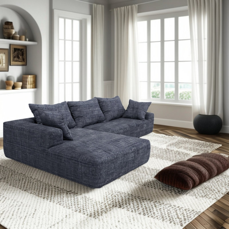 Canapé de salon simple en forme de L Boneless, Chenille bleu