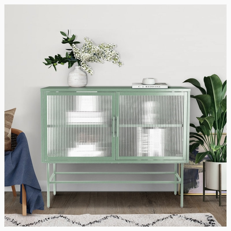 Buffet avec 2 portes cannelées en verre et tablette réglable, Vert menthe