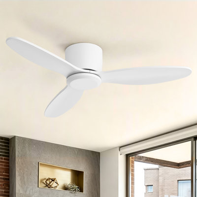 Modern Solid Wood 3-Blade Flush Mount Ceiling Fan with Remote Control