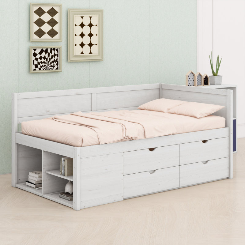 Lit de jour avec tiroirs et tablettes, Blanc