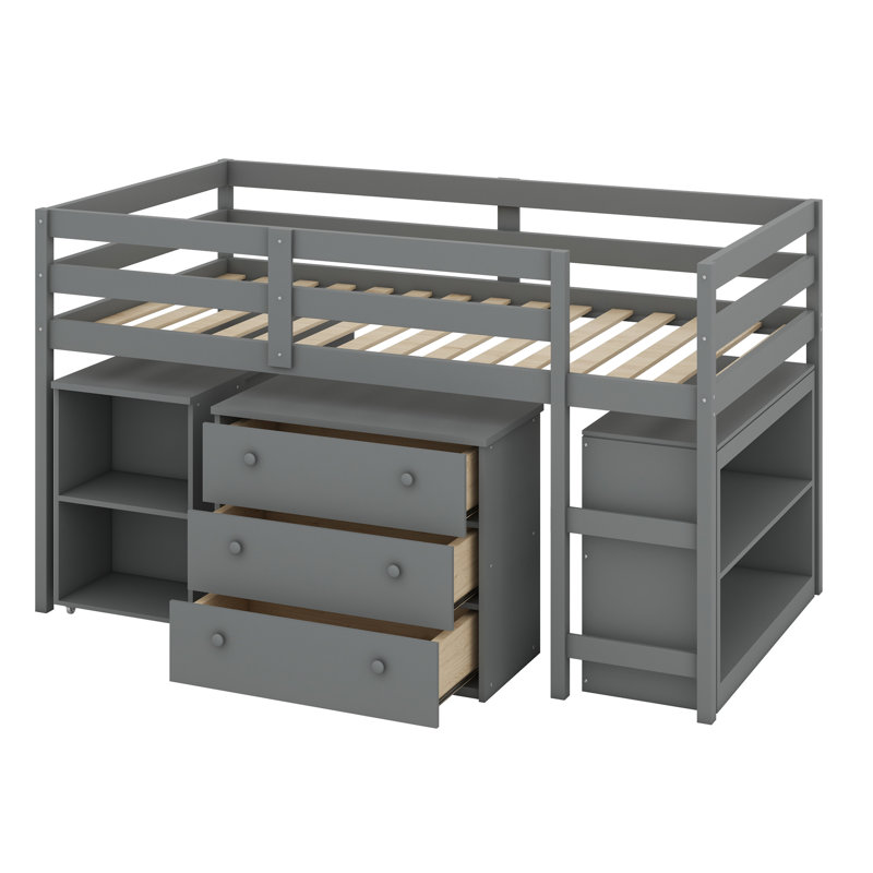 Lit mezzanine bas avec tablette, tiroirs et bureau portatif à roulettes, Gris