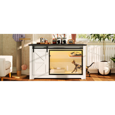 46" White Cat Washroom Furniture With Barn Door And Acrylic View, Led Lighting Via Mobile, Storage For Food Large Litter Enclosure, Dual Entrance Design, Led,