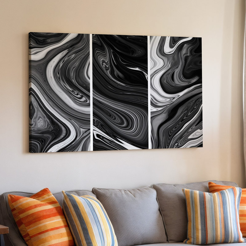 Toile, création d'un motif monochrome abstrait avec des motifs tourbillonnants d'art mural noir et blanc mettant en vedette des formes organiques fluides