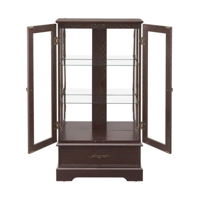 Elegant Lighted Glass Curio Display Cabinet With Adjustable Shelves, 2 Doors, 1 Drawer And Bulb, Cherry