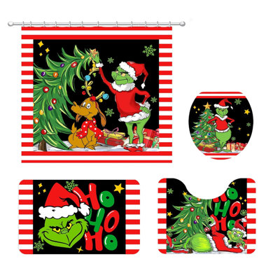 Ensemble de salle de bain 4 pièces avec rideau de douche noir, tapis antidérapant, couvercle de toilette et tapis de bain, décoration de Noël 72 po x 72 po