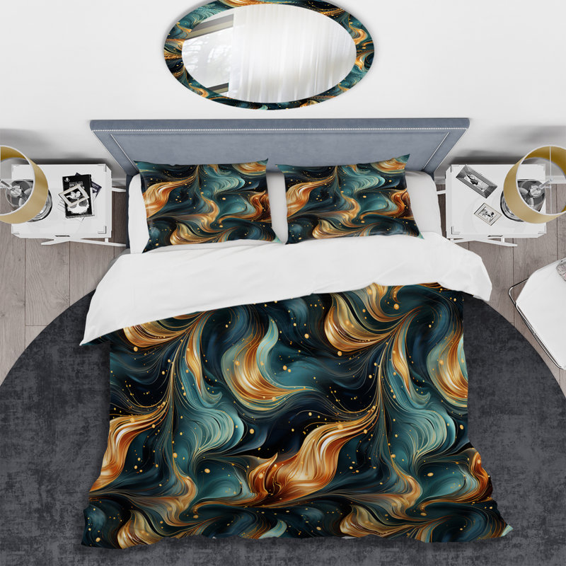 King Teal and Gold Marble Abstract Duvet Cover Set
