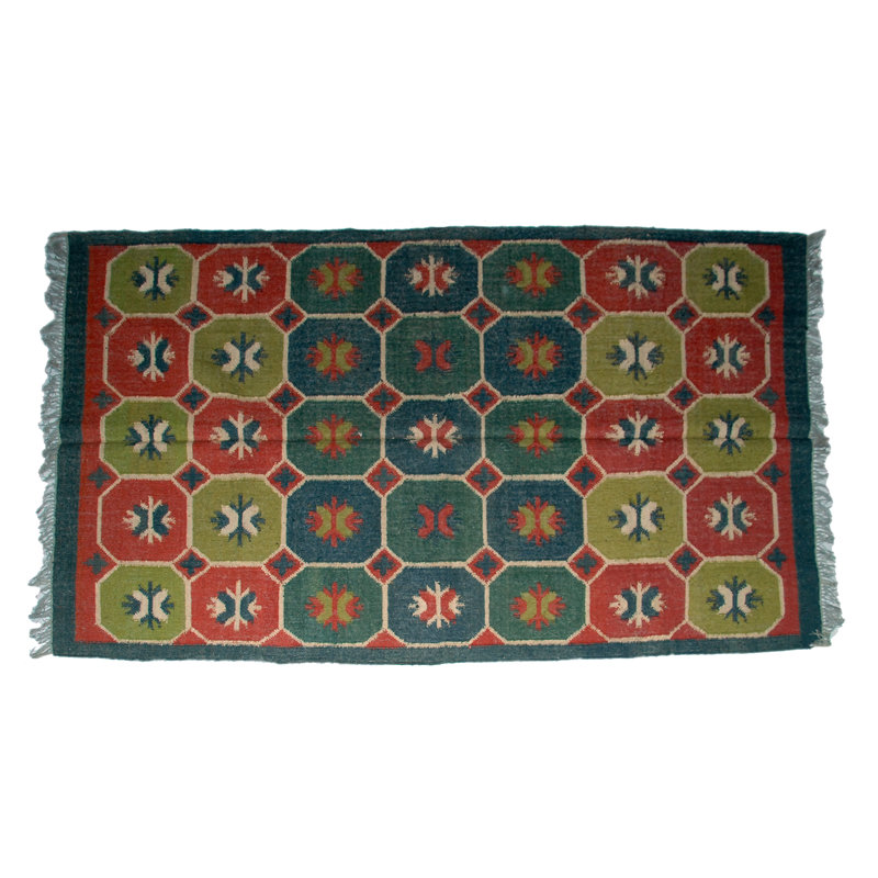 Tapis unique noué à la main rouge / vert / jaune de 5 pi x 8 pi Finbar