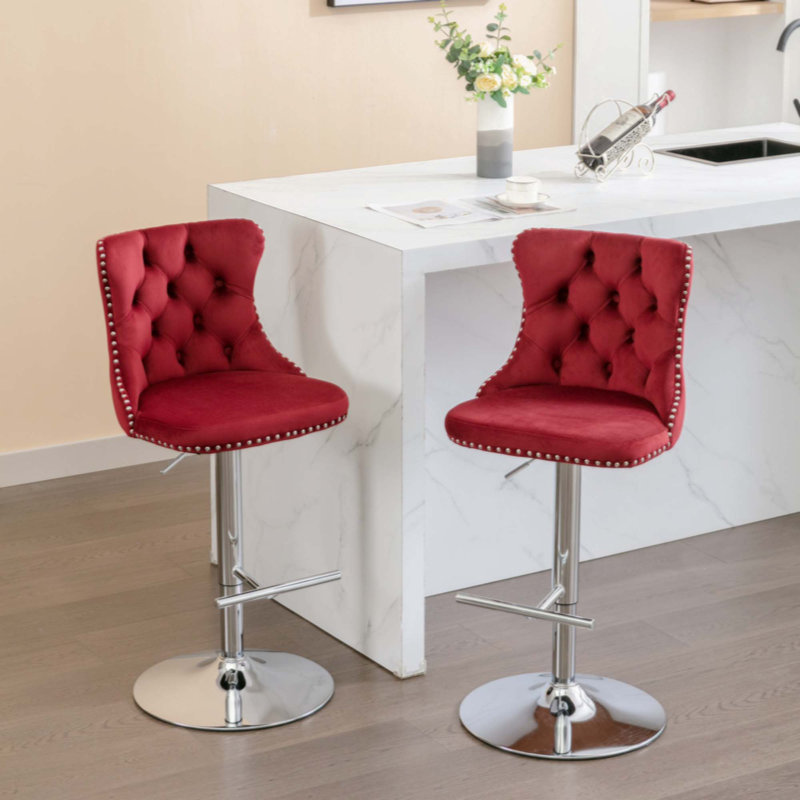 Jillayne Upholstered Golden Swivel Velvet Barstools Adjustable Seat Height, Silver, Red