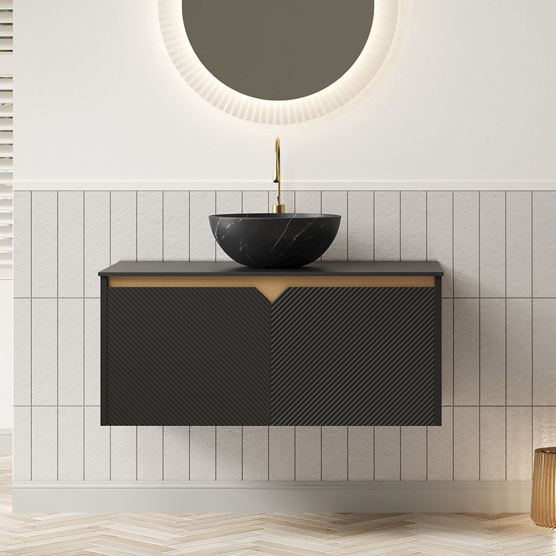 Meuble-lavabo de 36 po avec plateau en pierre frittée noire, armoire de rangement en contreplaqué flottant, garniture en métal à deux portes en sergé, motif de cuve en céramique bol, meuble-lavabo à mécanisme de fermeture en douceur, armoire avec système