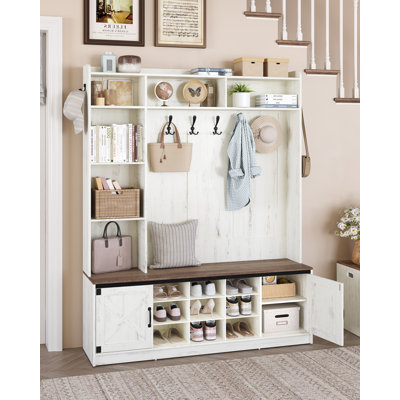 Hall Tree, 6-in-1 Farmhouse Entryway Bench with Shoe Storage Bench & Coat Rack, Entryway Furniture with 15 Cubbies & 5 Tri-Hook, Adjustable Shoe Storage