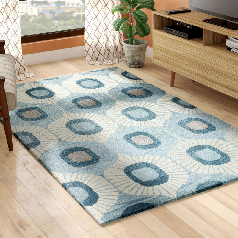 Tapis en laine bleu clair à motif abstrait Hemmer, Rectangle 3 pi 6 po x 5 pi 6 po
