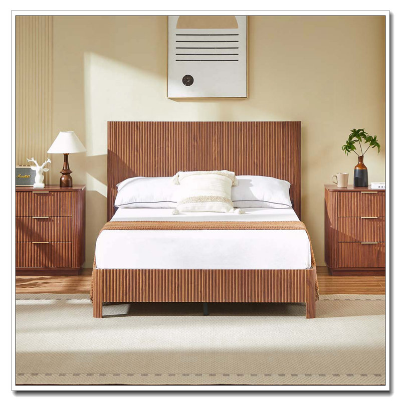 Lit en bois ondulé, lignes courbes, aucun sommier nécessaire, Noyer, Lit double