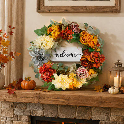 Couronne d'hortensia artificielle et rose 24 po avec fleurs jaunes et oranges rouges, couronne de porte florale réaliste en soie pour une décoration intérieure toute l'année