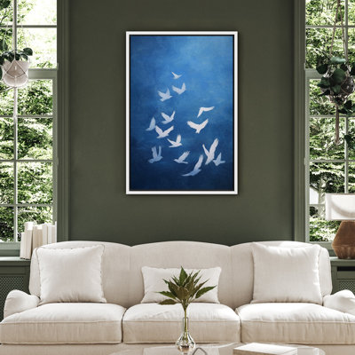 Oiseaux en vol, impression sur toile - décor esthétique minimaliste bleu pour chambre à coucher ou bureau