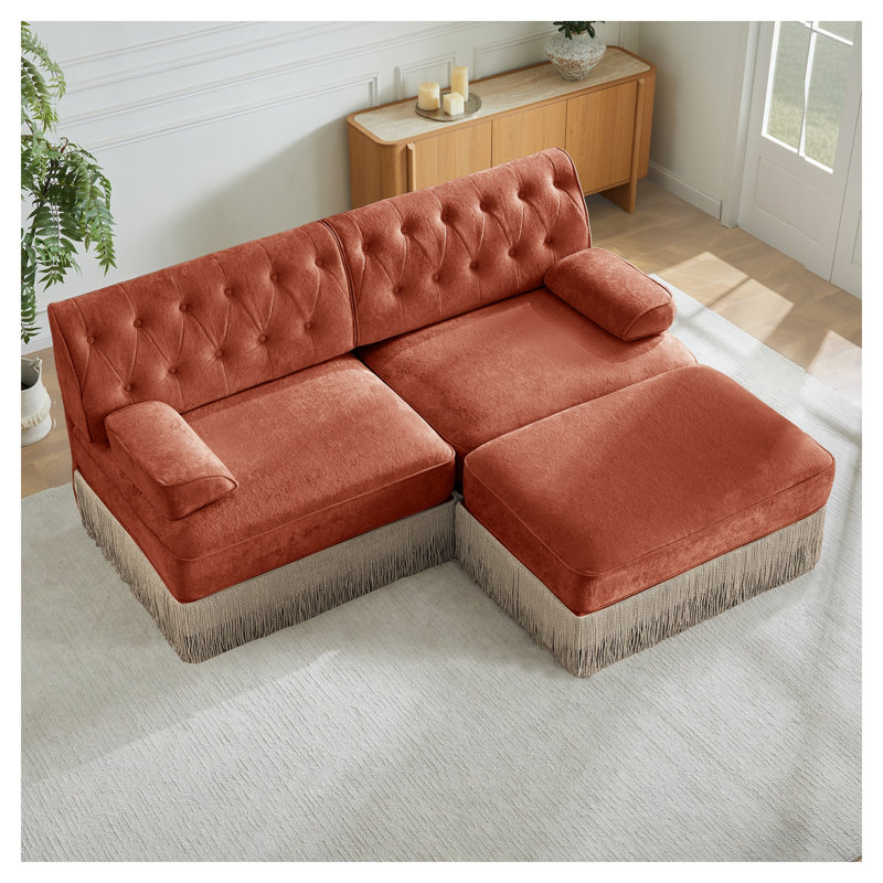 Canapé modulaire en L Chesterfield, Velours rouge / brun
