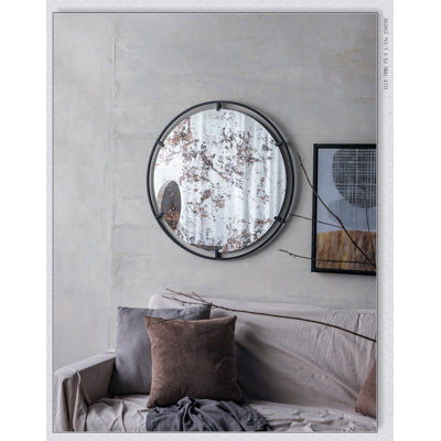 Theodor Industrial Design Round Mirror With Metal Frame For Wall And Entryway Decor, 31.5 Inches In Diameter