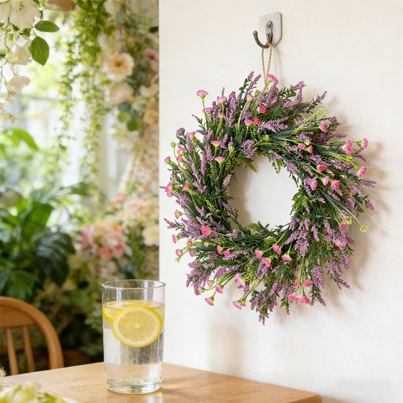 Couronne de lavande artificielle vibrante et fleur rose - base de verdure luxuriante, décoration de porte ou de mur d'inspiration printanière pour une ambiance de maison fraîche