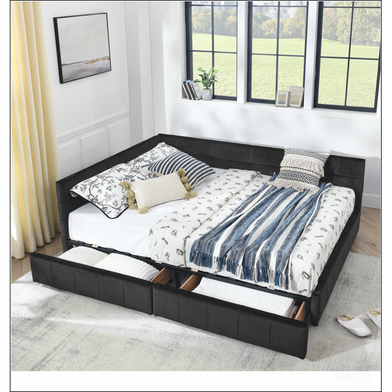 Lit Queen capitonné avec rangement intégré, canapé-lit avec dossier et accoudoirs confortables pour la chambre et le salon