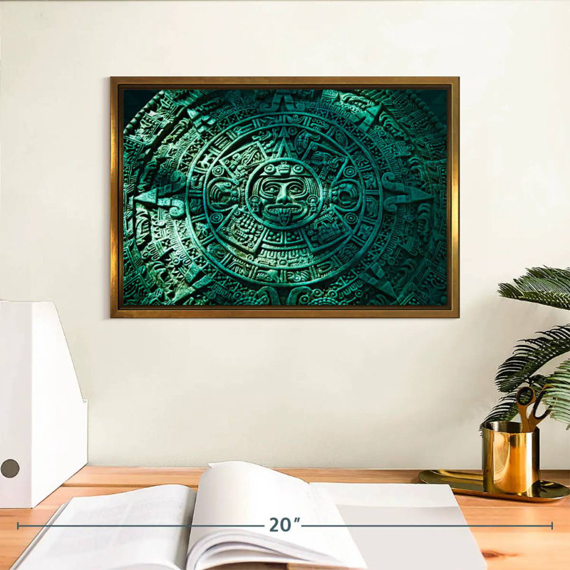 Green Aztec Sun Stone, Floating Frame Gold, 13" X 9"