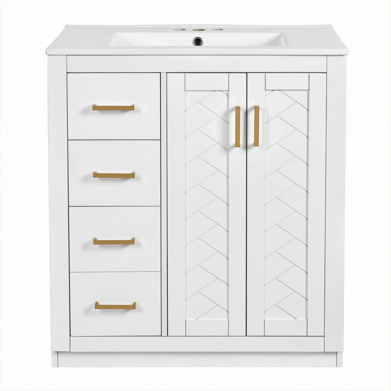 Meuble-lavabo 30 po avec lavabo en céramique, Blanc, Doré