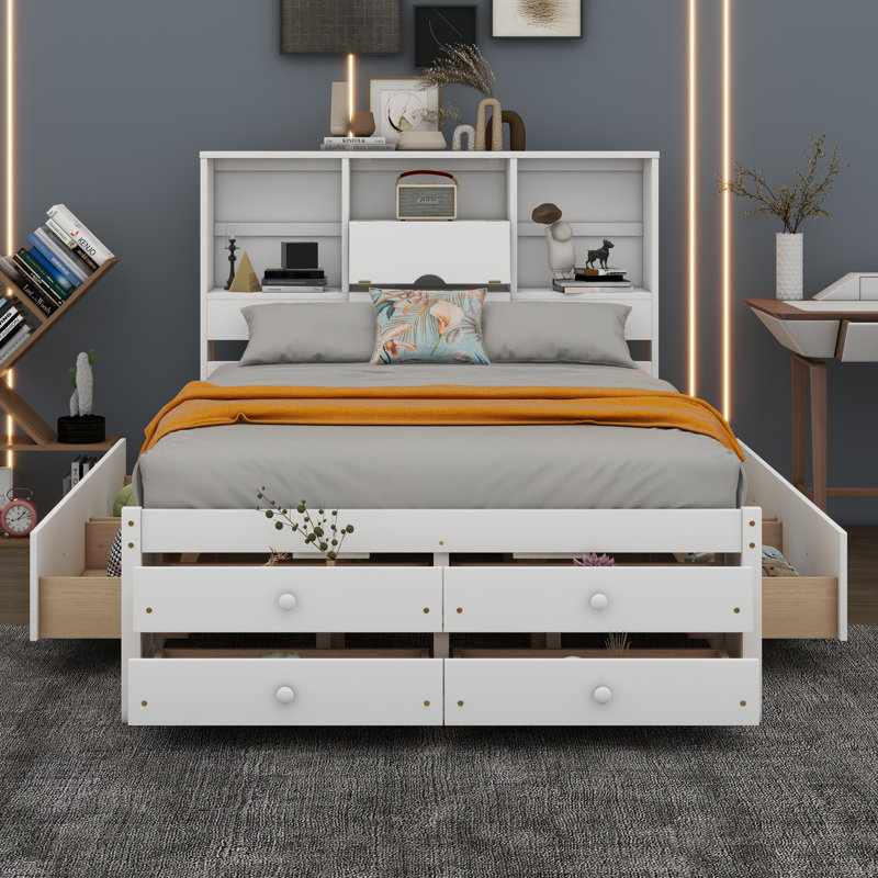 Platform Bed with Storage Headboard And 8 Drawers, Queen, White
