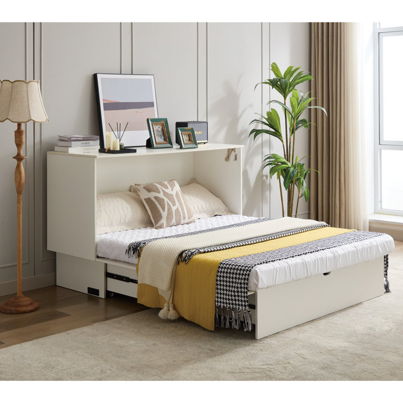 Cabinet Bed with Storage Queen Bed With Folding Foam Mattress Murphy Bed Space-Saving Folding Murphy Bed, White