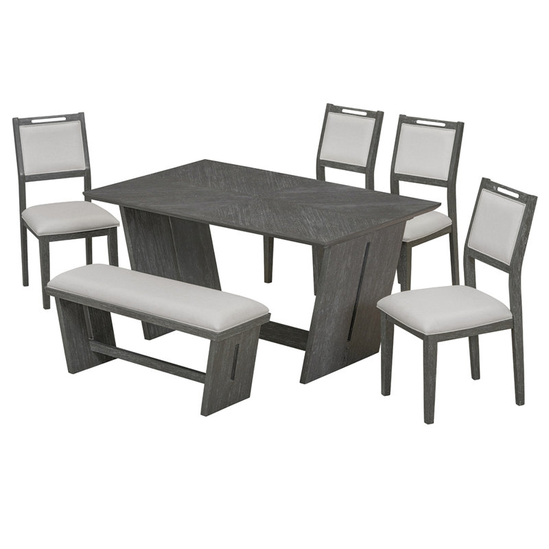 6-Piece Retro Dining Set, 1 Rectangular Table with 4 Upholstered Chairs and 1 Bench, Grey