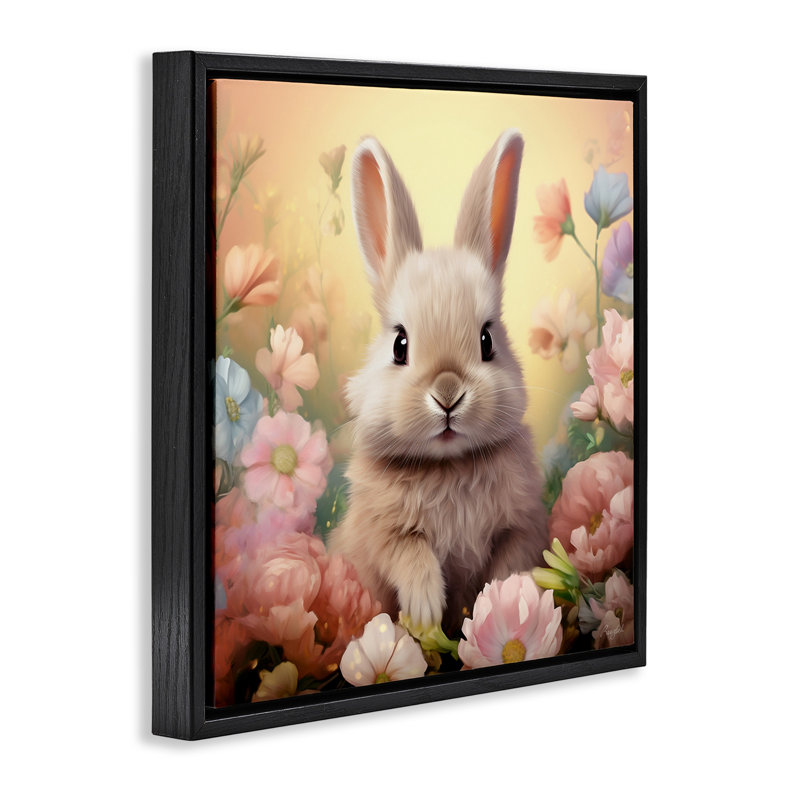 Lapin dans un pré, H 18 po x l 18 po, Cadre flottant noir de jais