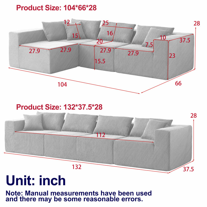 Canapé modulaire en L modulaire en velours côtelé de 104 po Roomfitter, canapé de 4 pièces avec coussins, siège profond et confortable, beige
