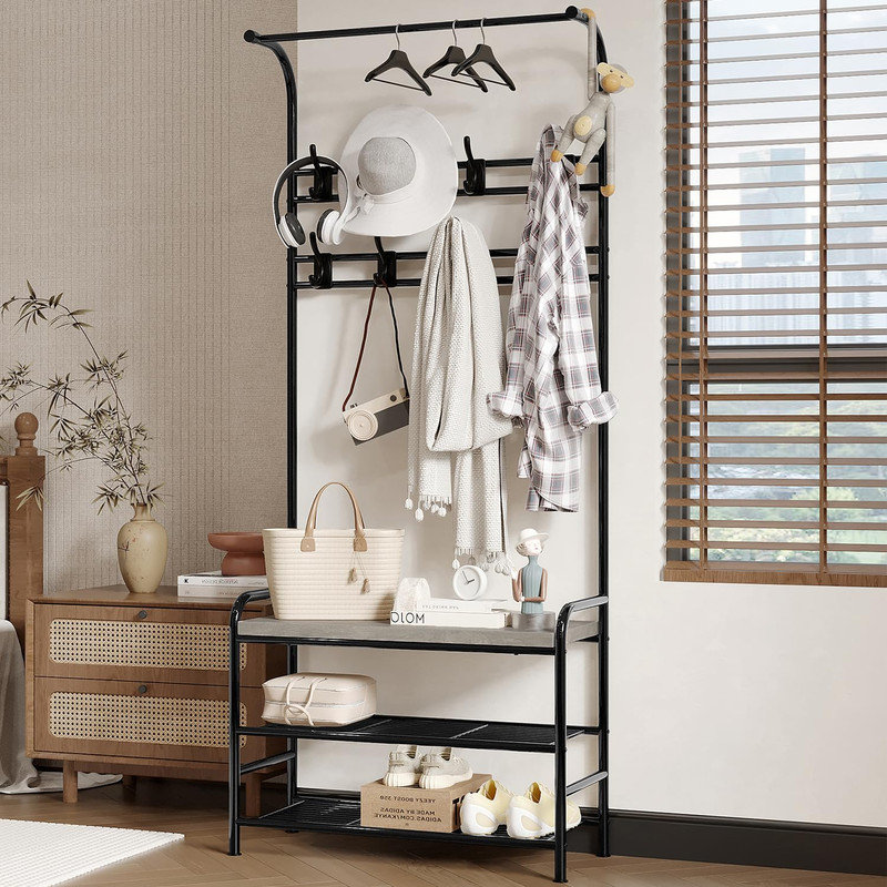 Hall Tree Shoe Bench, 4-in-1 Entryway Storage Bench with 8 Sturdy Hooks, Freestanding Coat Rack for Small Spaces, Apartments, Bedroom