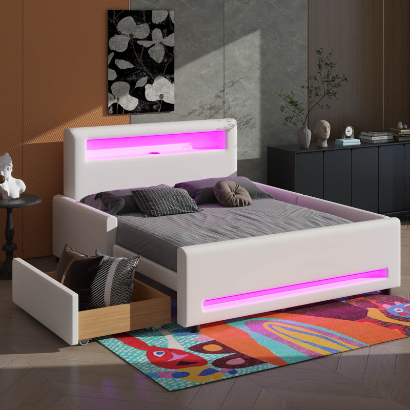 Lit plateforme double avec tiroir, éclairage à bande DEL et connectivité USB, Lit double, Blanc