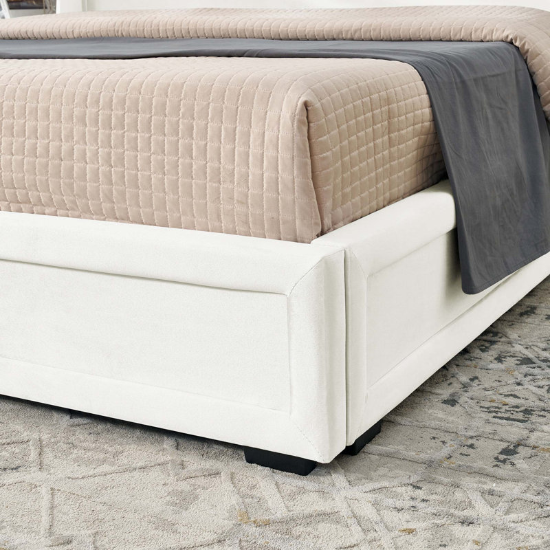 Structure de lit plateforme moderne avec tablettes de tête de lit intégrées, Beige
