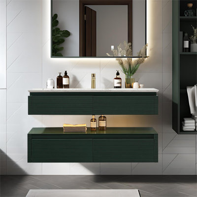 48" Floating Bathroom Vanity, Modern Green Finish, Built-In Night Light, Engineered Stone Top, 2 Soft-Close Drawers