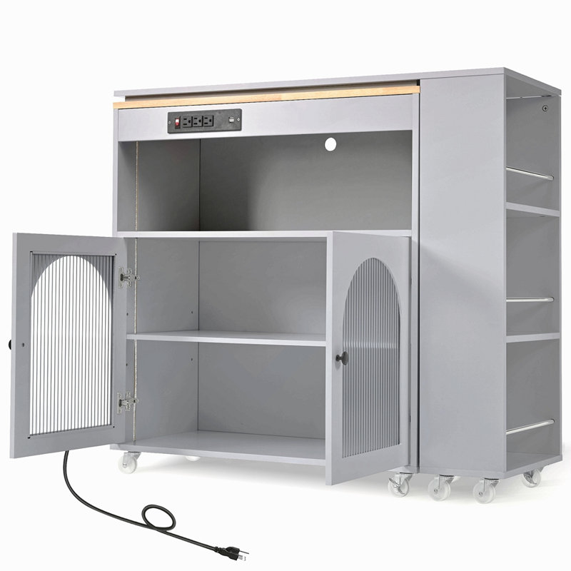 Rolling Kitchen Island With Extended Table, Kitchen Island On Wheels With LED Lights,Power Outlets And 2 Fluted Glass Doors, Kitchen Island With A Storage Compartment And Side 3 Open Shelves
