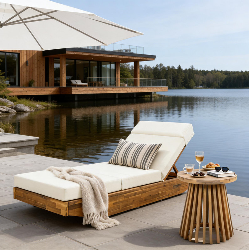 Modern Adjustable Foldable Acacia Wood Outdoor Chaise Lounge with Beige Water-Repellent Cushion & Integrated Headrest Stylish Reclining Lounger for Patio Poolside & Garden Decor
