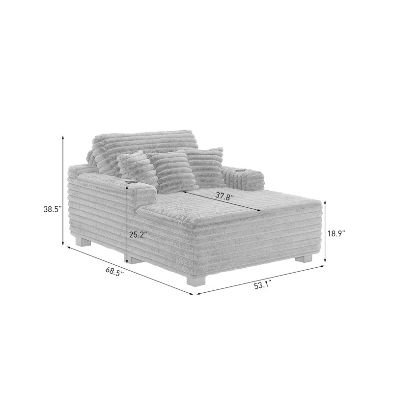 Upholstered Compression Dark Gray Faux Fur Chaise Lounge Sofa Bed Couch with Cup Holder and Throw Pillows, Dark Gray