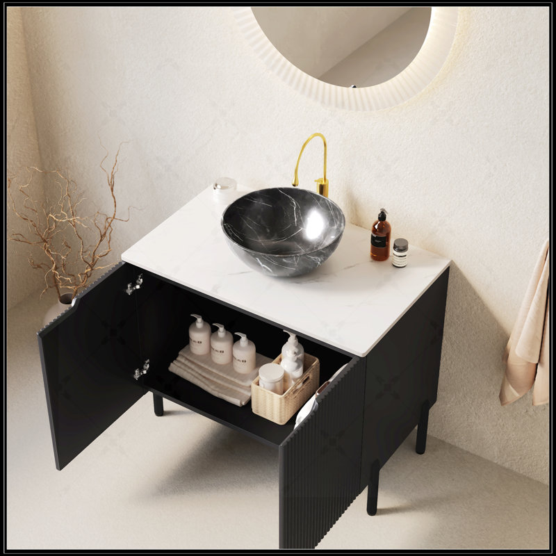 Meuble-lavabo sur pied 30 po avec lavabo, meuble de rangement autoportant, lavabo en céramique noire, comptoir blanc Carrara, sans robinet, noir